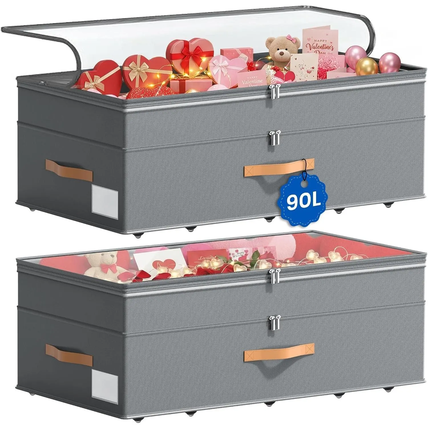 Under Bed Storage with Wheels, 2-Pack Underbed Storage Containers, No Assemble 11 inches 90L XXL Large Adjustable Storage Bins with Clear Lids, Rolling Storage for Clothes, Shoes, Blankets, Gray