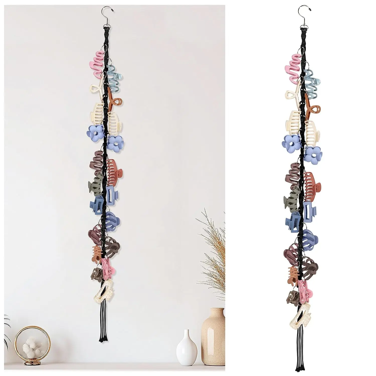 Macrame Hair Claw Clip Organizer with Rotating Hook and 20 Metal Rings, Hair Clip Holder and Storage for Women Girls,Claw Clips Hanger  Decor for Wall,Door,Closet (Black1PCS)