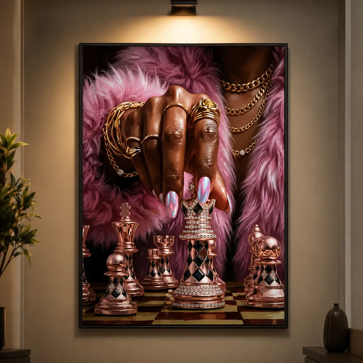 Pink Power Play Wall Art, Luxury Chess Print, Pink Fashion Art, Glam Black Woman Poster, Black Queen Canvas Print, Stylish Wall Decor for Bedroom, Living Room, Office, Modern Feminine Home Decoration, Gift for Art Lovers