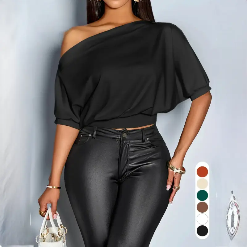 Women's Fitted Off-The-Shoulder Short Sleeve Cropped T-Shirt - Comfortable Solid Casual Outfits for High Waist Pairing, Sports & Outdoor Daily Wear Top, Basic