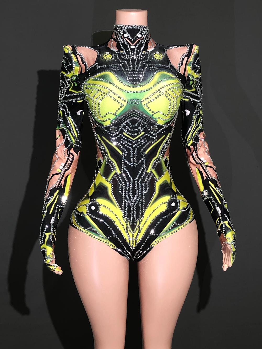 Sparkly Rhinestones Long Sleeve Bodysuit For Women Performance Dance Costume Singer Dancer Show Stage Wear Nightclub Outfit