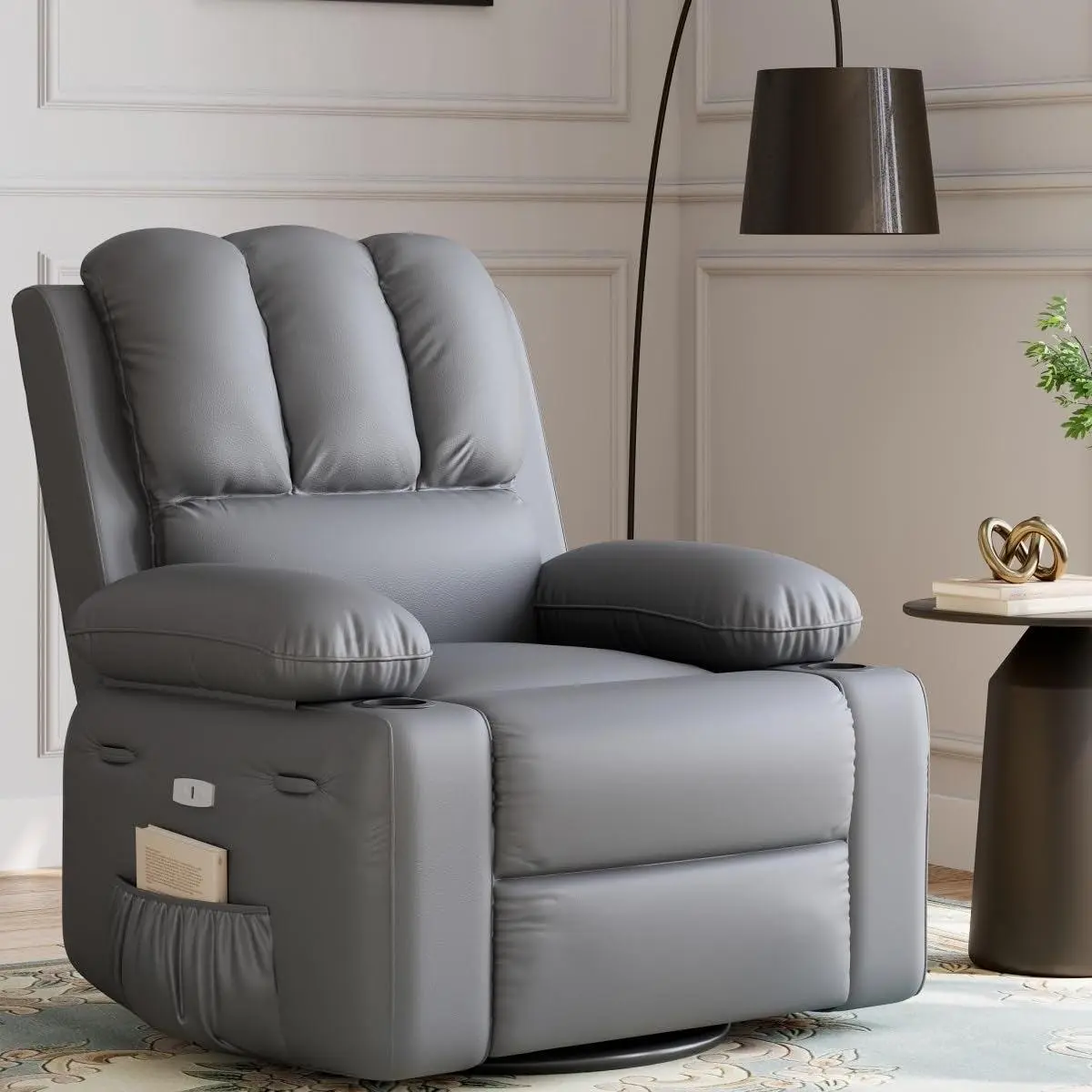 GARVEEOversized Power Recliner Chair with 360° Swivel, Electric Rocker, Heat and Massage Functions, USB Charger, 1.5X Sponge Filling, Faux Leather, Cup Holder - Perfect for Living Rooms, Bedrooms, Nurseries