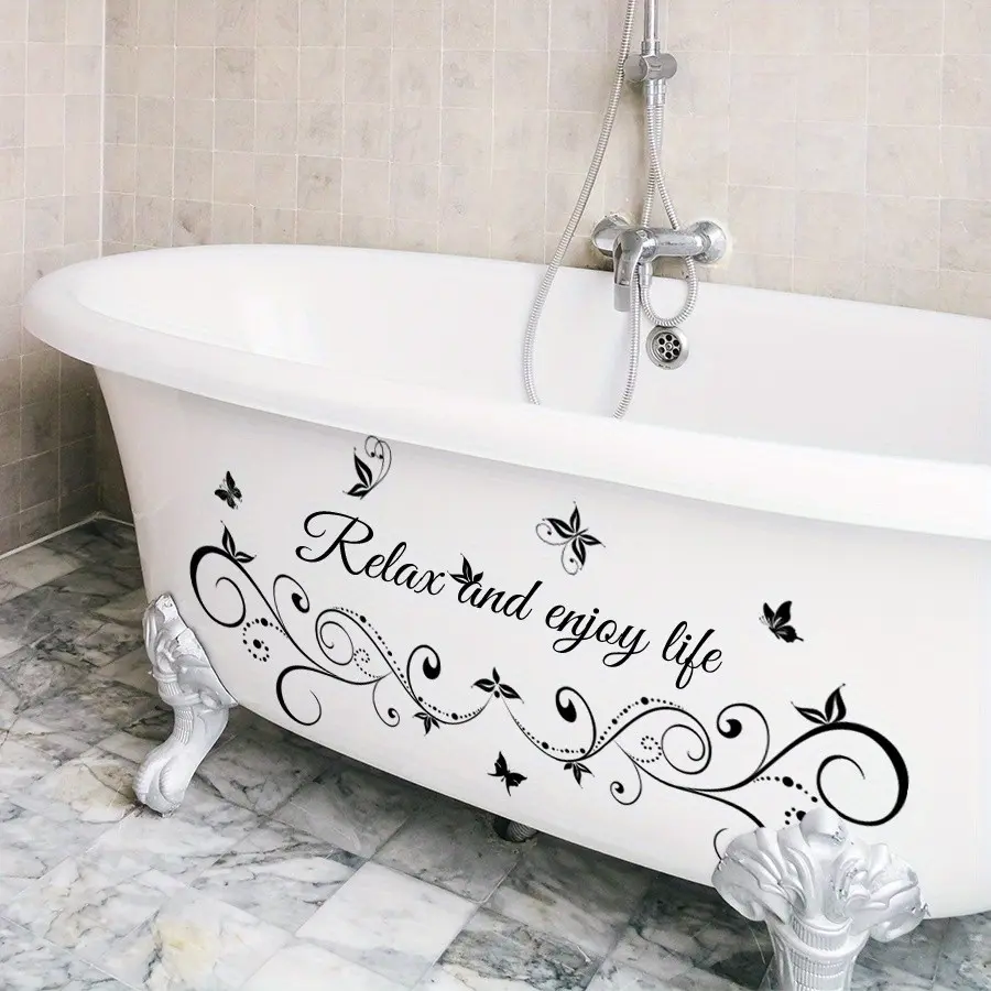Relaxing Life Decorative Wall Stickers with Butterfly and Floral Patterns, Waterproof Peel-And-Stick Bathroom Decals for Bathtub, Shower Door, Glass Door, Spa Style Home Decor