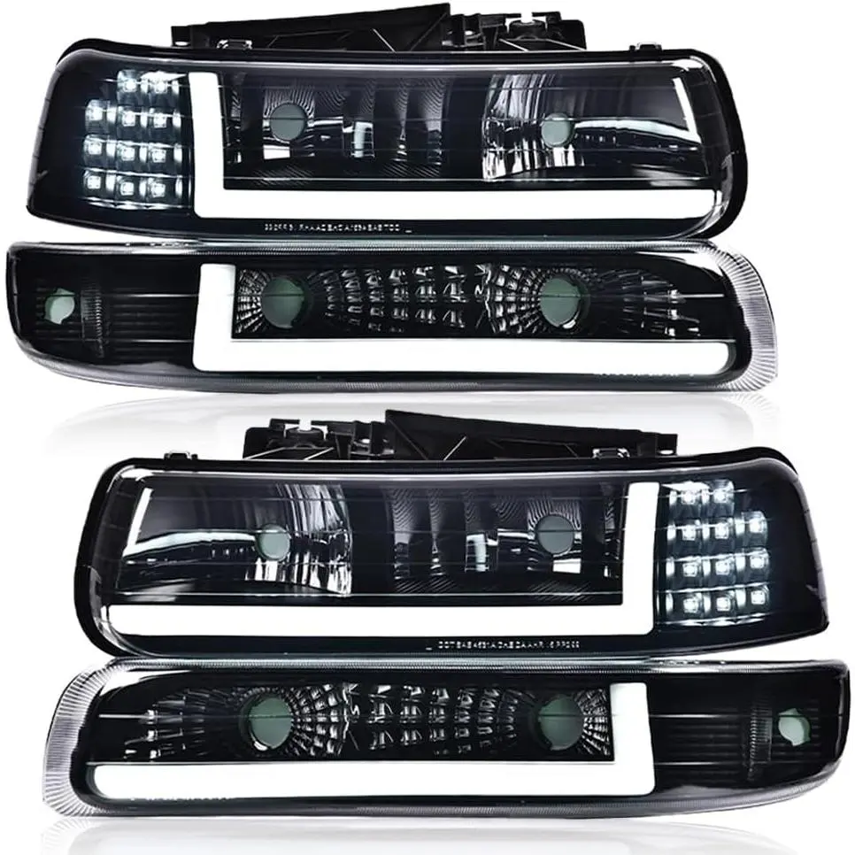 LED DRL Headlights Assembly 1 Pair Set for Chevy Silverado 1999-2002, 2000-2006 Tahoe/Suburban 1500, w/9005 HB3 Bumper Lights, Smoke Lens, Black Housing, 114-02720r, 12210025l