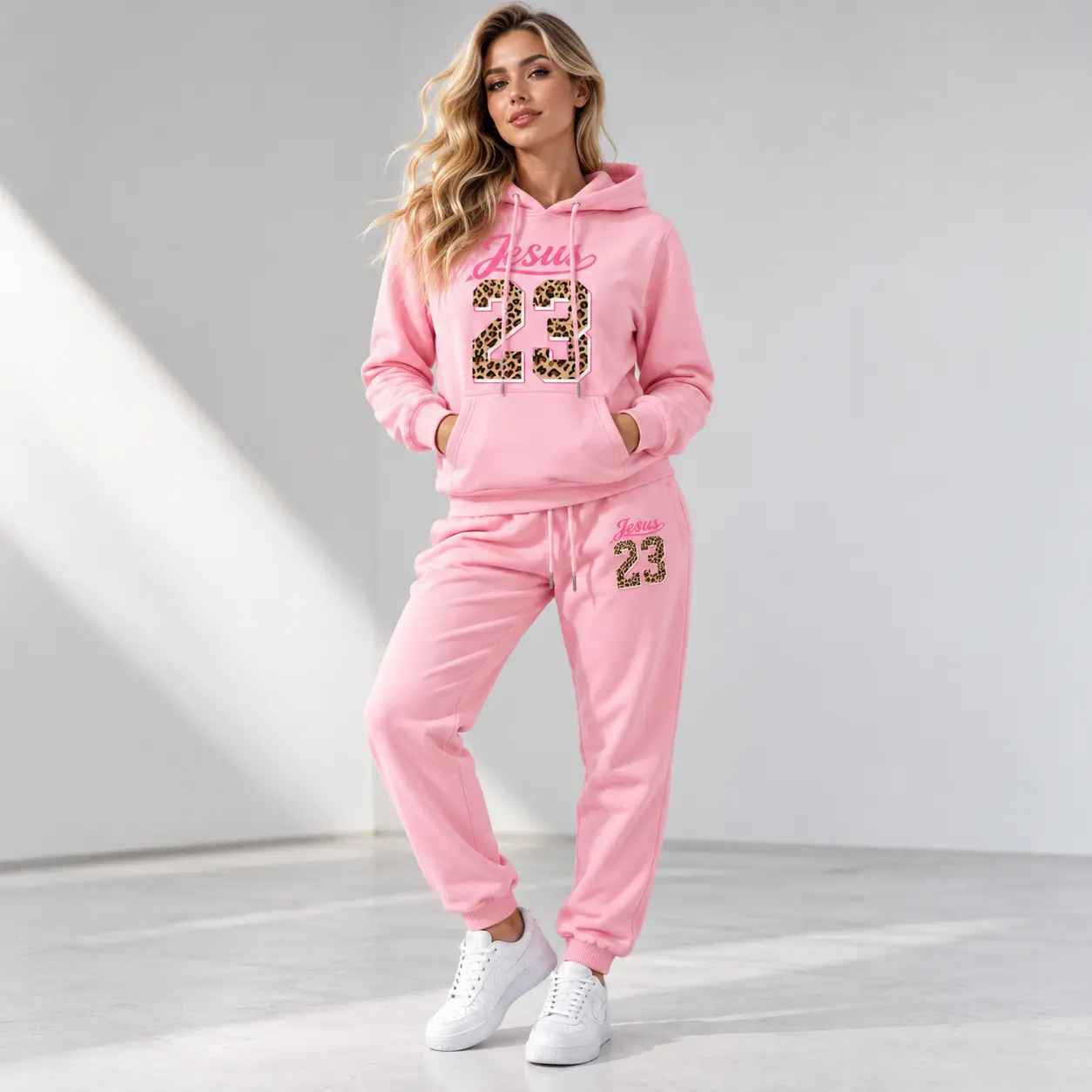 Women's Christian 2-Piece Minimalist Loose Long Sleeve Graphic Hoodie & Jogger Set - Breathable Everyday Fabric, Jesus 23 Leopard Print Pullover, Matching Drawstring Sweatpants for Church, Daily Wear