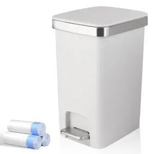 Small Bathroom Trash Can with Lid and 3 Rolls Trash Bags, Step Pedal Wastebasket Plastic Garbage Can with Pop-Up Lid 2.6 Gallon Bin for Kitchen, Bedroom, Office, Dorm, Laundry, Toilet, Rv, White