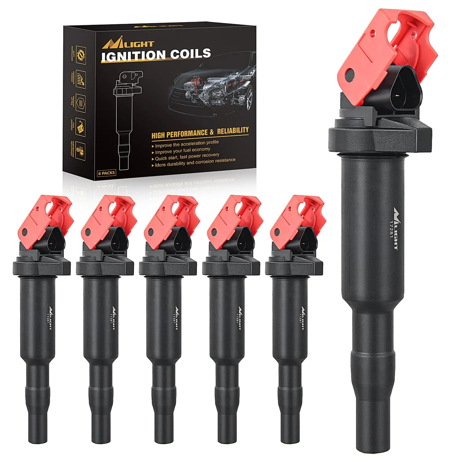 Nilight Ignition Coils Pack Set of 6 (UF592 C1638 0221504470) - Copper Wire, Durable, Easy Install, High Efficiency Automotive Replacement for BMW 325i, 325Ci, 328i, 330Ci, 335i, 525i, 528i, 530i, 535i, 545i, 745Li, X3, X5, M5, M6, Z4 (2.5-4.8L Engines)