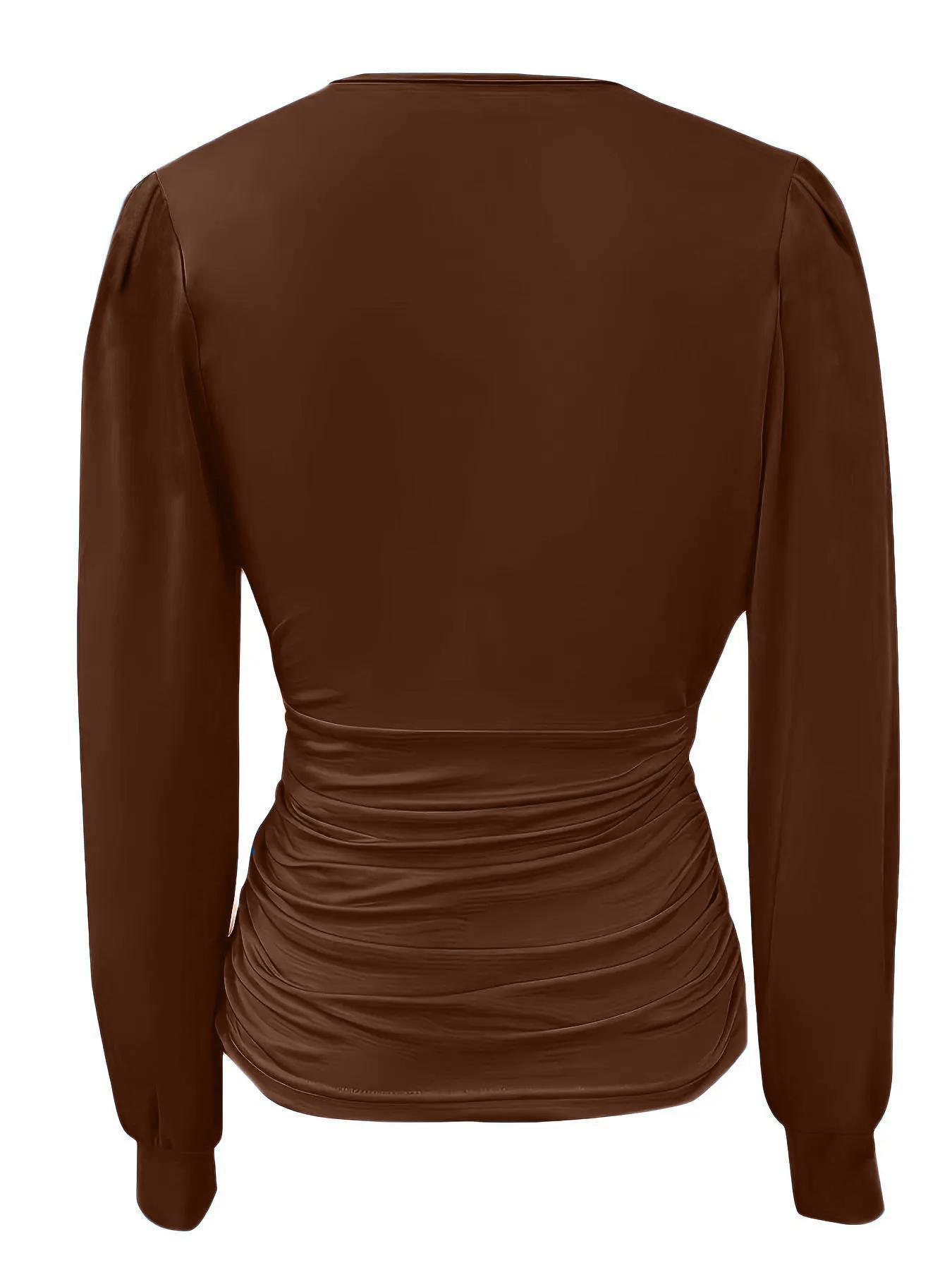 Women's Solid Ruched Deep V Neck Blouse Shirts, Casual Fitted Long Sleeve Top for Spring & Fall, Women's Clothes for Daily Wear, Womenswear, Feminine