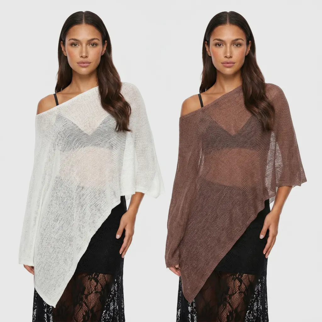 Women Sheer Open Knit Asymmetric Hem Poncho Cover Up Top, Off Shoulder Slanted Neck Lightweight Mesh Knit Cape Shawl, Irregular Diagonal Hem Loose Dolman Sleeve See Through Tunic Blouse