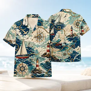 Men's Hawaiian Shirt Summer Beach Shirt, Tropical Vacation Shirt, Short Sleeve Luau Shirt, Nautical Sailing Print Shirt, Resort Casual Shirt, Summer Party Shirt, Lightweight Breathable Shirt for Travel, Ocean Compass & Sailboat Design, Stylish Summer Top