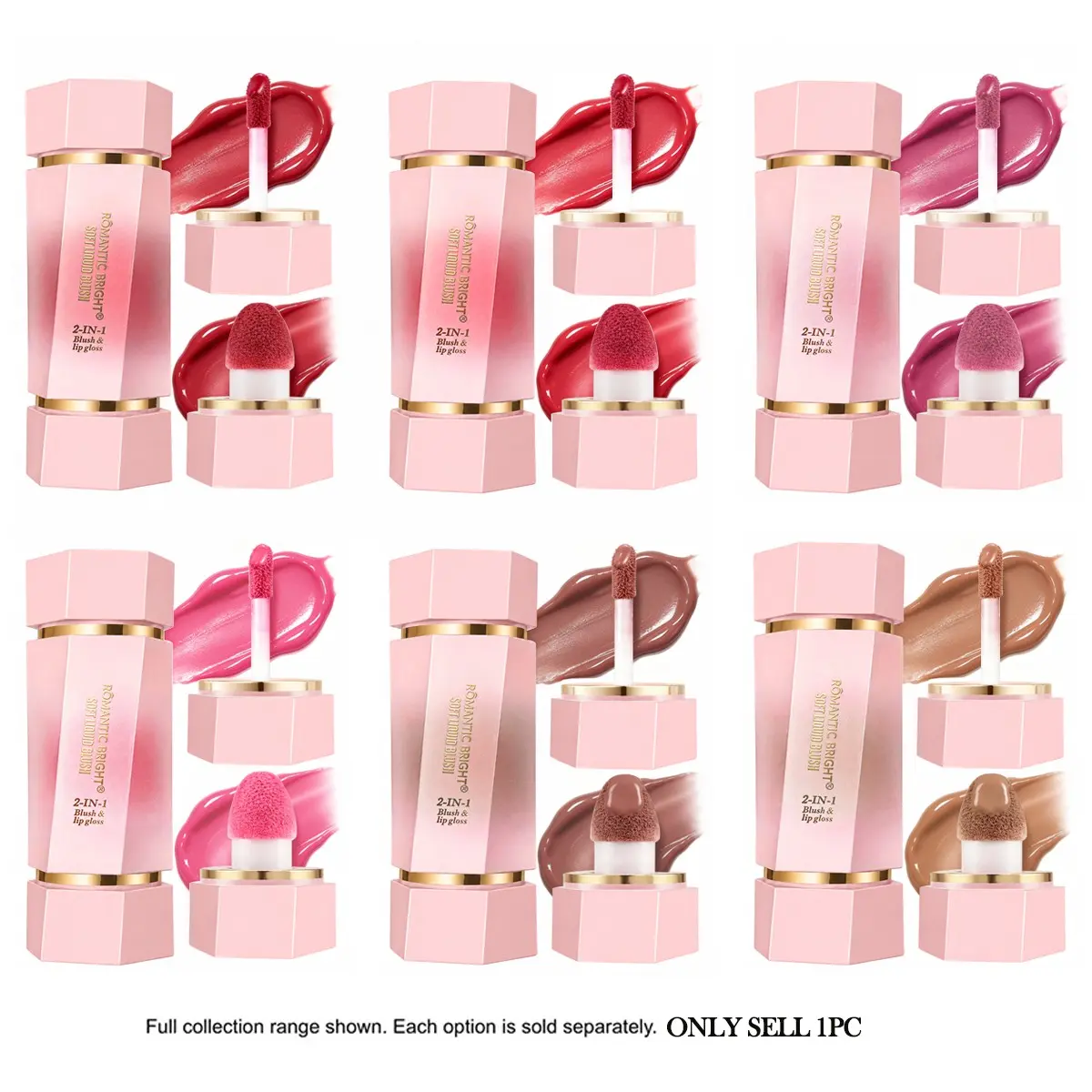 2-in-1 Dual Applicator Liquid Lip Gloss & Blush, Multi-Use Lip Cheek Tint Long Lasting Hydrating Moisturizing 6 Shades for Daily Makeup