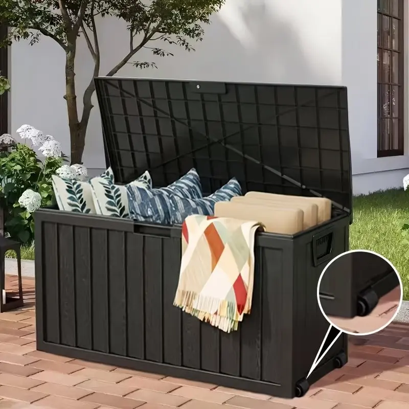 75-Gallon Large Deck Box, Outdoor Storage Chest with Locking Hole, Outdoor Storage Rack with Bottom Casters, Waterproof Outdoor Storage Container for Patio Furniture, Box,Cabinet,Rack for Outdoor Storage