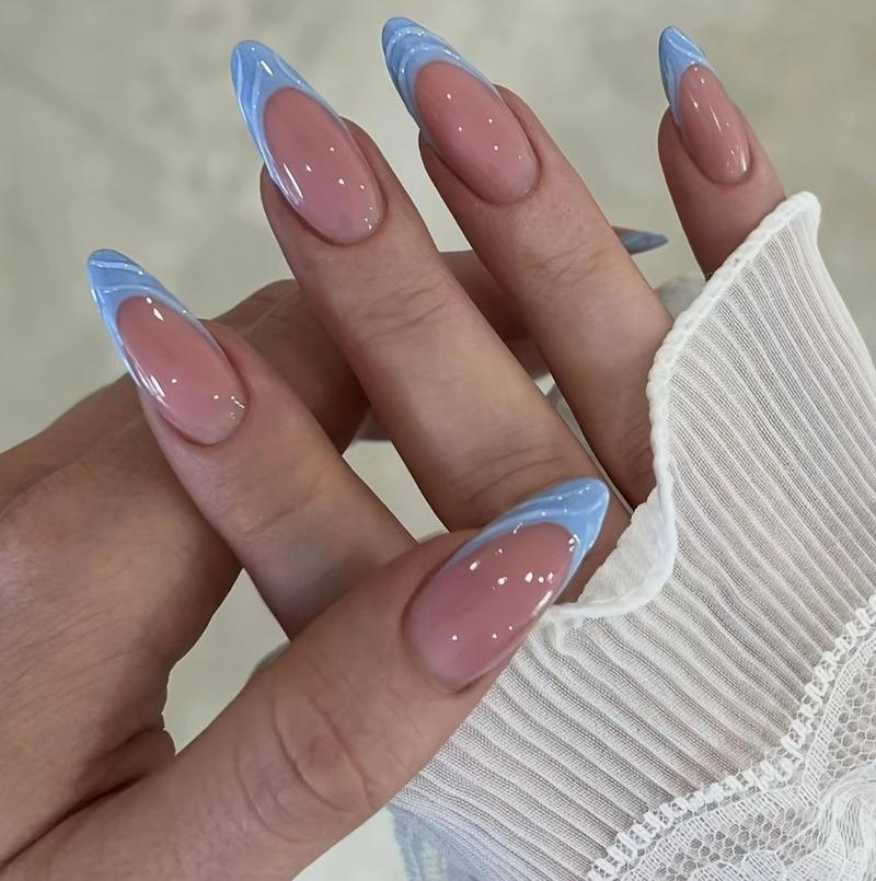 New Cross-Border Hot-Selling Fresh Style Nail Tips 3D Blue French Fish Tail Long Almond Wearable Nails Wholesale