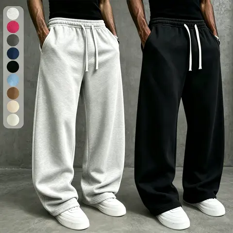 New men's 100% polyester fiber American high street knitted wide leg sweatpants for boys, trendy brand, loose large straight tube, hanging feeling, sports pants, drawstring, elastic waist, versatile
