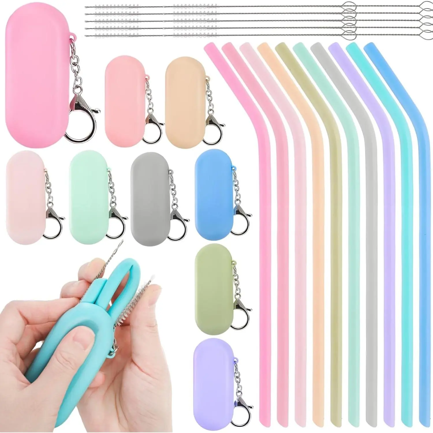 Set of 10 Silicone Straws with Case, Collapsible Angled Drinking Cruise Ships Straw with Cleaning Brushes, Reusable Foldable Travel Straws for Home, Office, 10 Colors