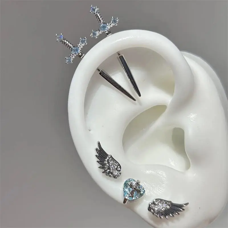 New Fashion Love Wings Cross Stainless Steel Ear Bone Nail Shiny Zircon Trendy Thread Earring for Women Body Piercing Accessorie