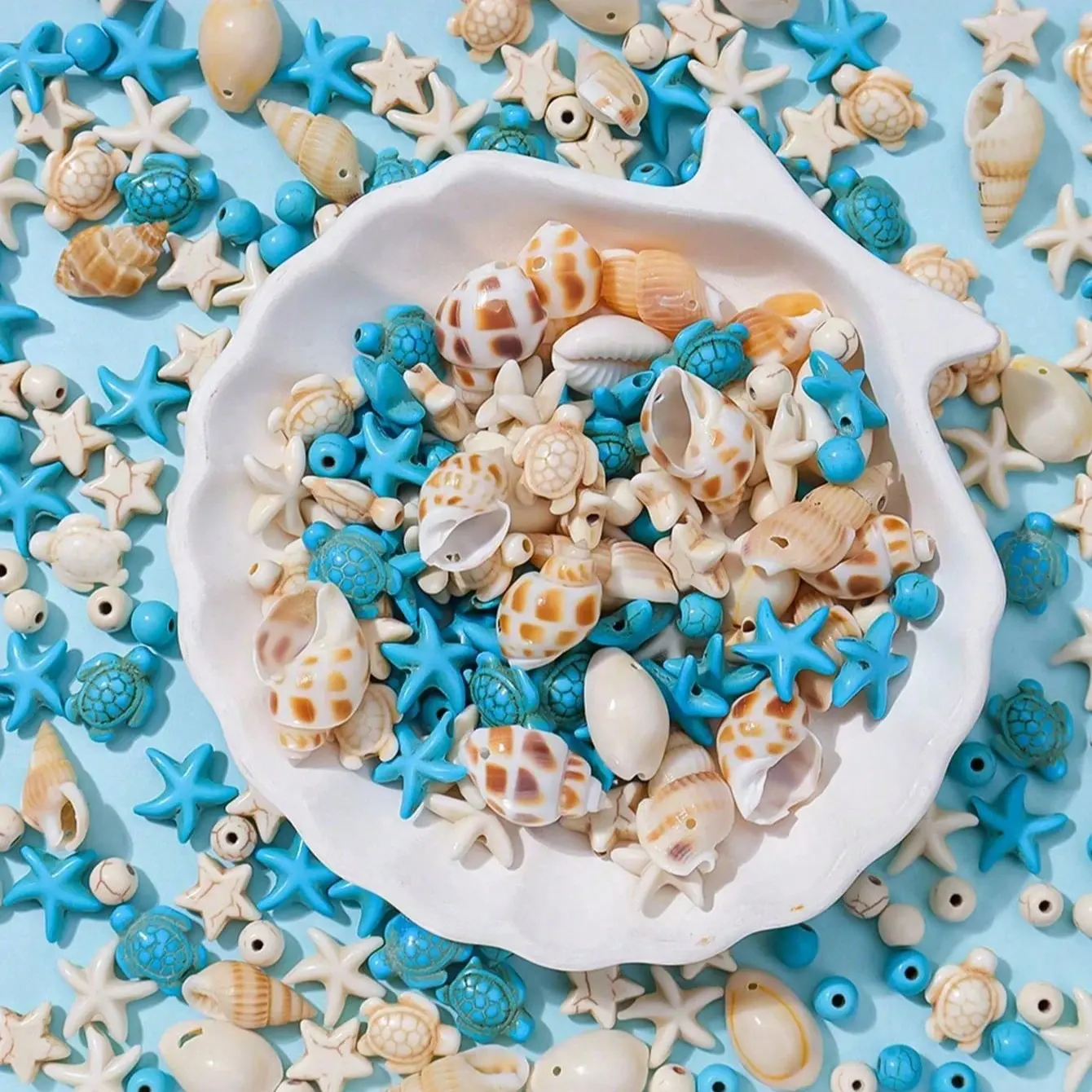 50pcs Turquoise Turtle Starfish Shell Conch Beach Party Decorations, Bohemian Style Jewelry Making, DIY Crafts, Home Decoration