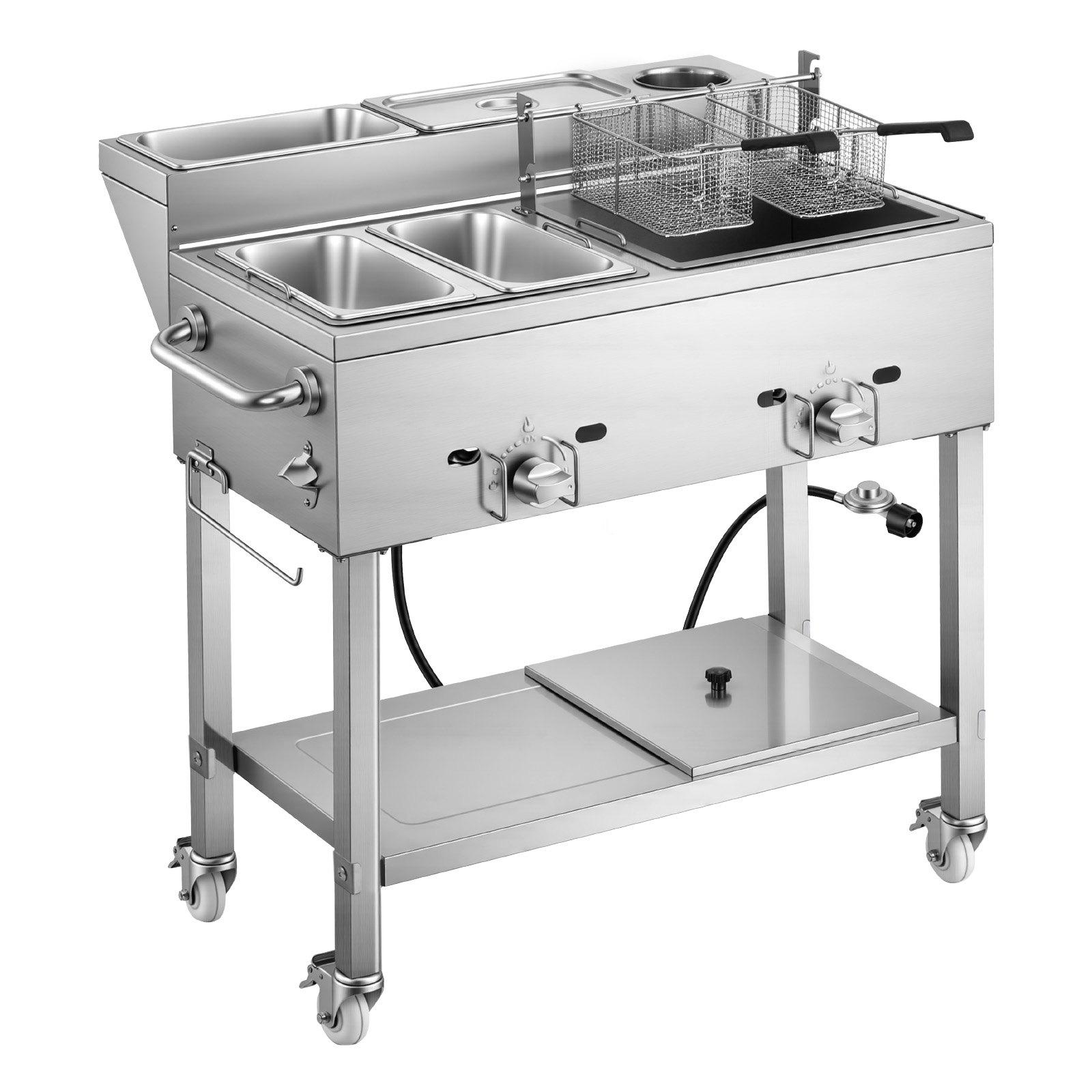VEVOR Outdoor Propane Deep Fryer, 2 Burners (11,600 BTU Each), Commercial Fryer with Two 1/3 Size Food Warming Pans, Multi-Purpose Frying Cart with 4 Lockable Wheels, for Fried Chicken & Fries