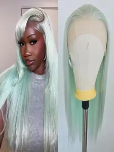 Women's Mint Green Synthetic Wig, Natural Realistic Straight Long Hair, 13x4 Wigs Lace Frontal Hairline, Heat-Resistant Fiber, Party Cosplay Halloween, Daily Wear, Easy to Wear, Young Women