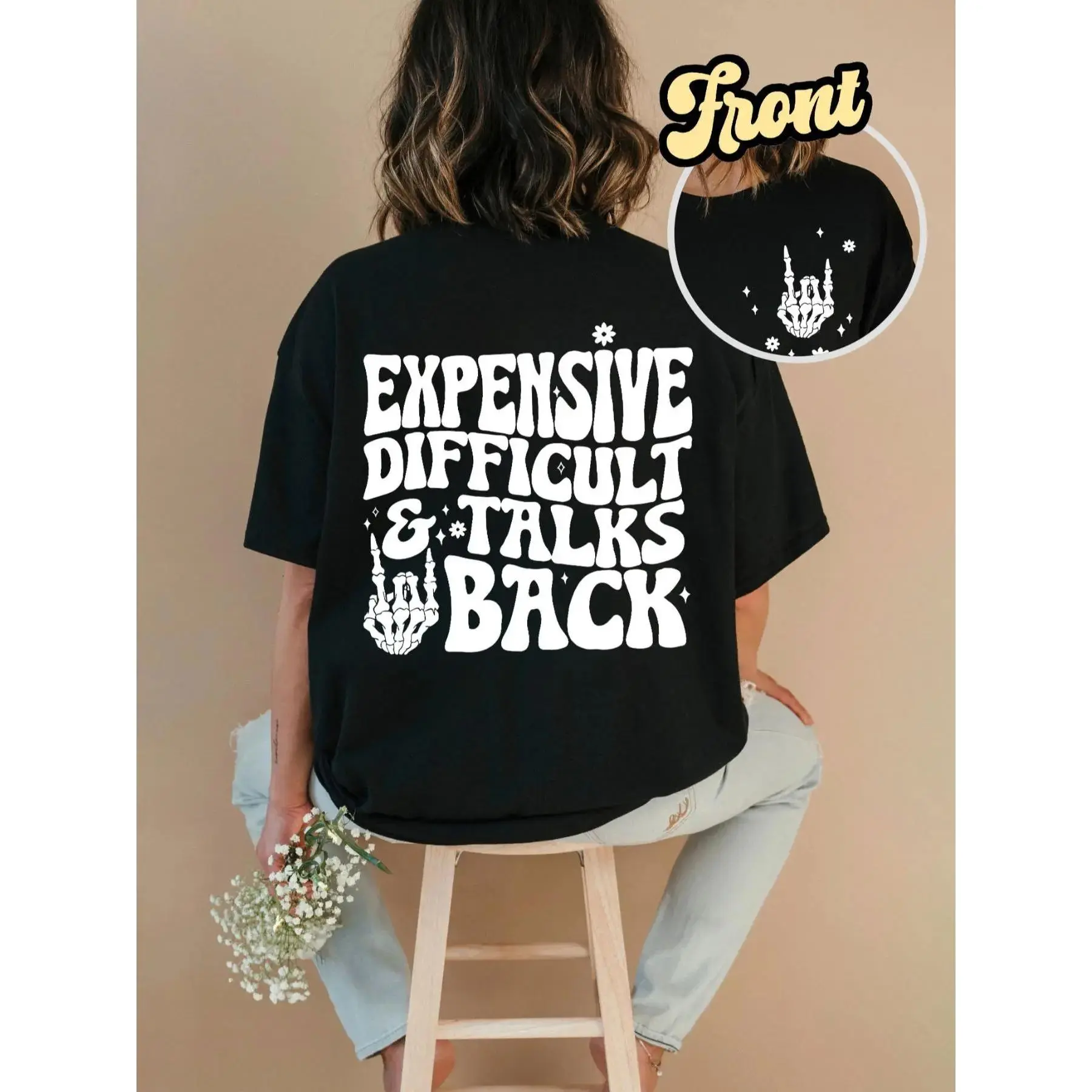 Women's Cotton T-Shirt with 'Expensive Difficult and Talks Back' Slogan Graphic, Casual Streetwear Top, Short Sleeve, Sizes S-3XL, 90% Cotton + 10% Polyester, 2Xl, Crew Neck, Cold Wash