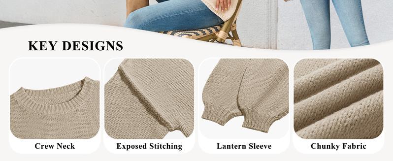 Saodimallsu Womens Oversized Sweater Chunky Crew Neck Long Lantern Sleeve Knit Fall Trendy Tunic Sweaters Top Beige Knitwear