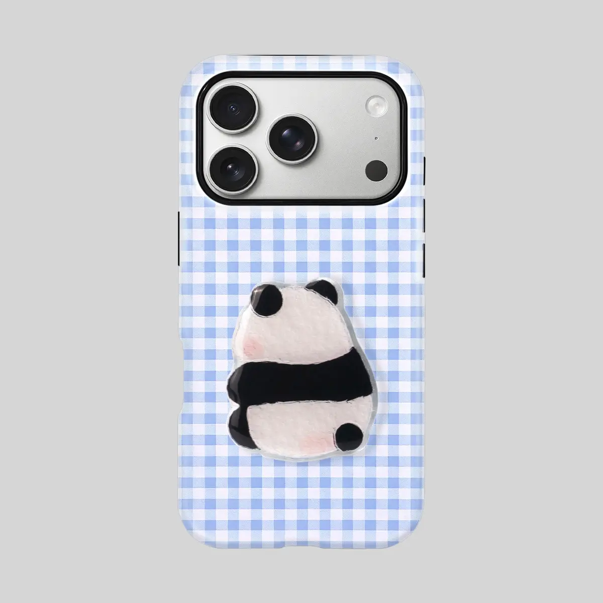 Light Blue Gingham iPhone Case with Cute Back View Panda PopSocket Grip, Raised Lens Shockproof Cover, Shockproof Smartphone Casing, Daily Accessory & Birthday Gift for Girls, Compatible with iPhone 17 Pro Max/17 Pro/16 Pro Max/12/11