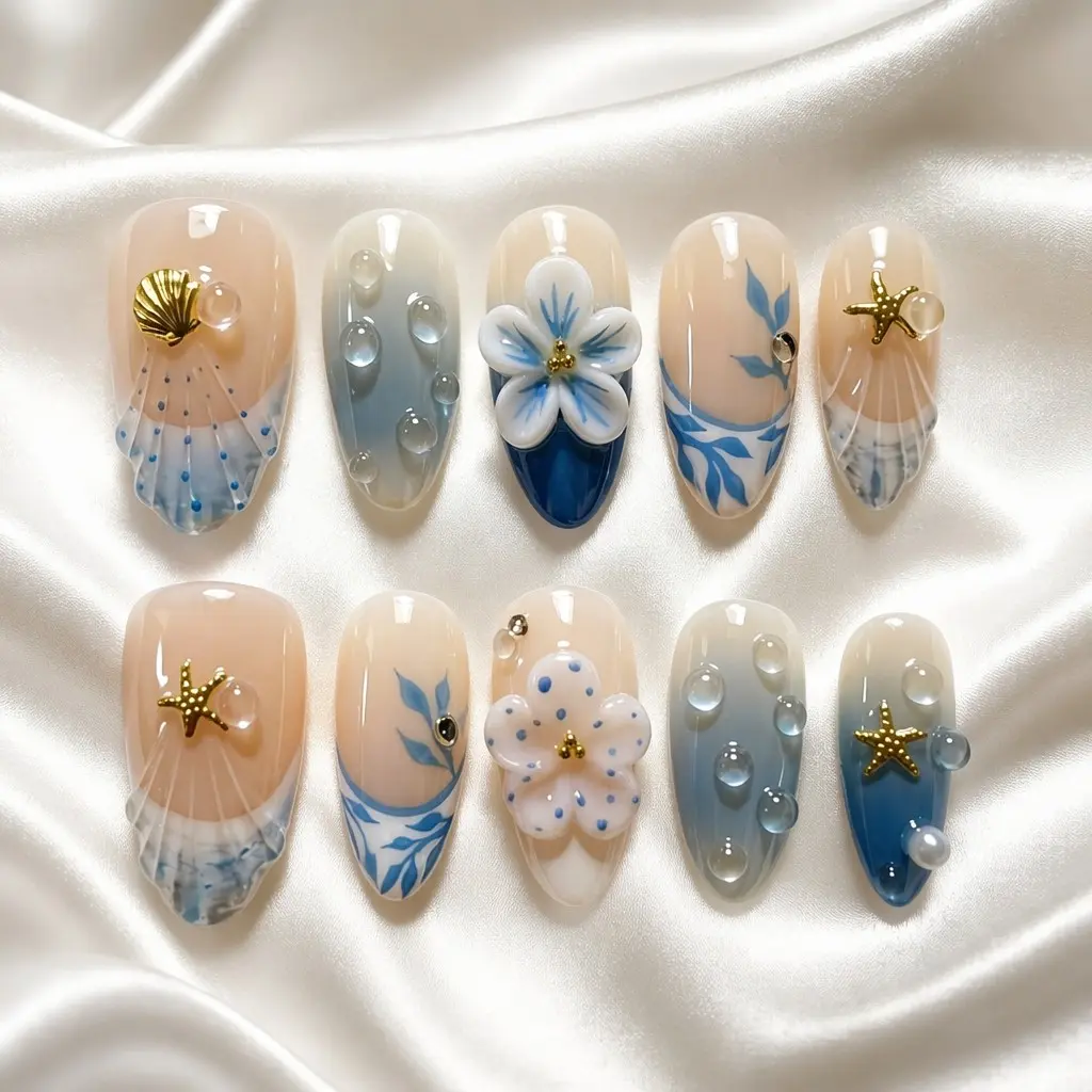 10Pcs Handmade Almond Press On Nails | Royal Blue Ocean Ombre 3D Starfish Shell Floral Water Droplet Design Nail Designs | Reusable Acrylic Fake Nails Set | Spring Summer Beach Party Daily Gift Glossy Finish