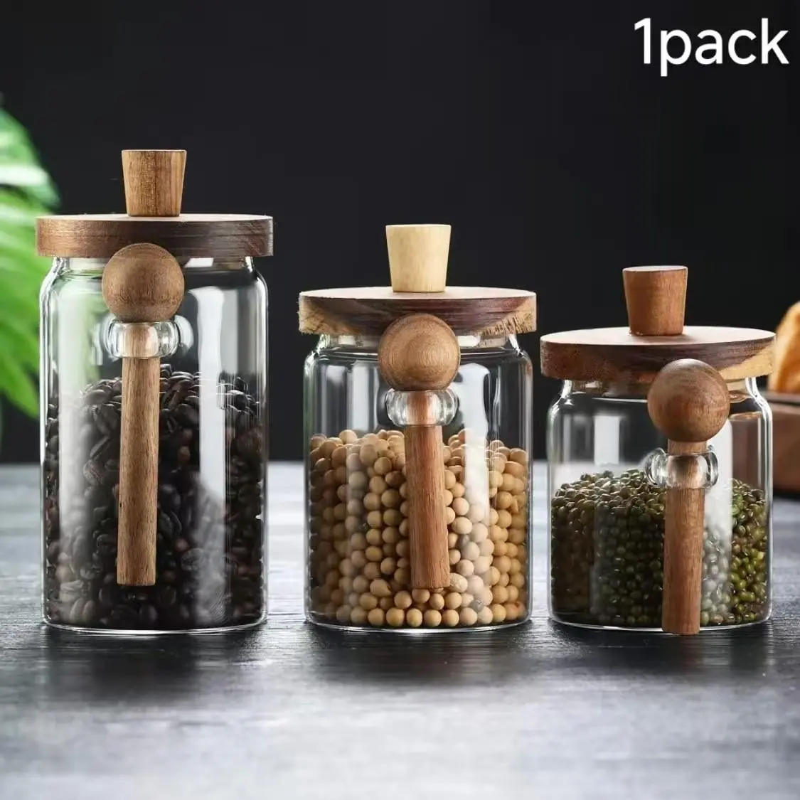 Clear Glass Jars with Airtight Wooden Lids & Spoons, Food Grade BPA Free Storage Containers, Seasoning Storage Bottles, Kitchen Canisters, Organizer for Coffee Beans Tea Nuts Candy Sugar Spices, Coffee Bar Accessories & Housewarming Birthday Gift