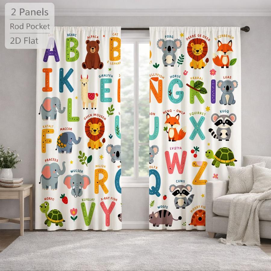 2Pcs Cartoon Animal Alphabet Kids Curtains Digital Printed Rod Pocket, Window Treatment For Bedroom Office Kitchen Living Room Study Home Decor