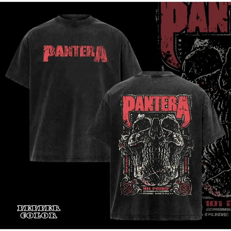 Men's Plus Size Gothic Crew Neck Graphic Tee - Pantera Skull Rock Band Oversized Cotton Vintage 90s Grunge Merch, 4XL-5XL Summer Outdoor Punk Cargo Fabric Outfit for Rock Fans (Concert Gift)