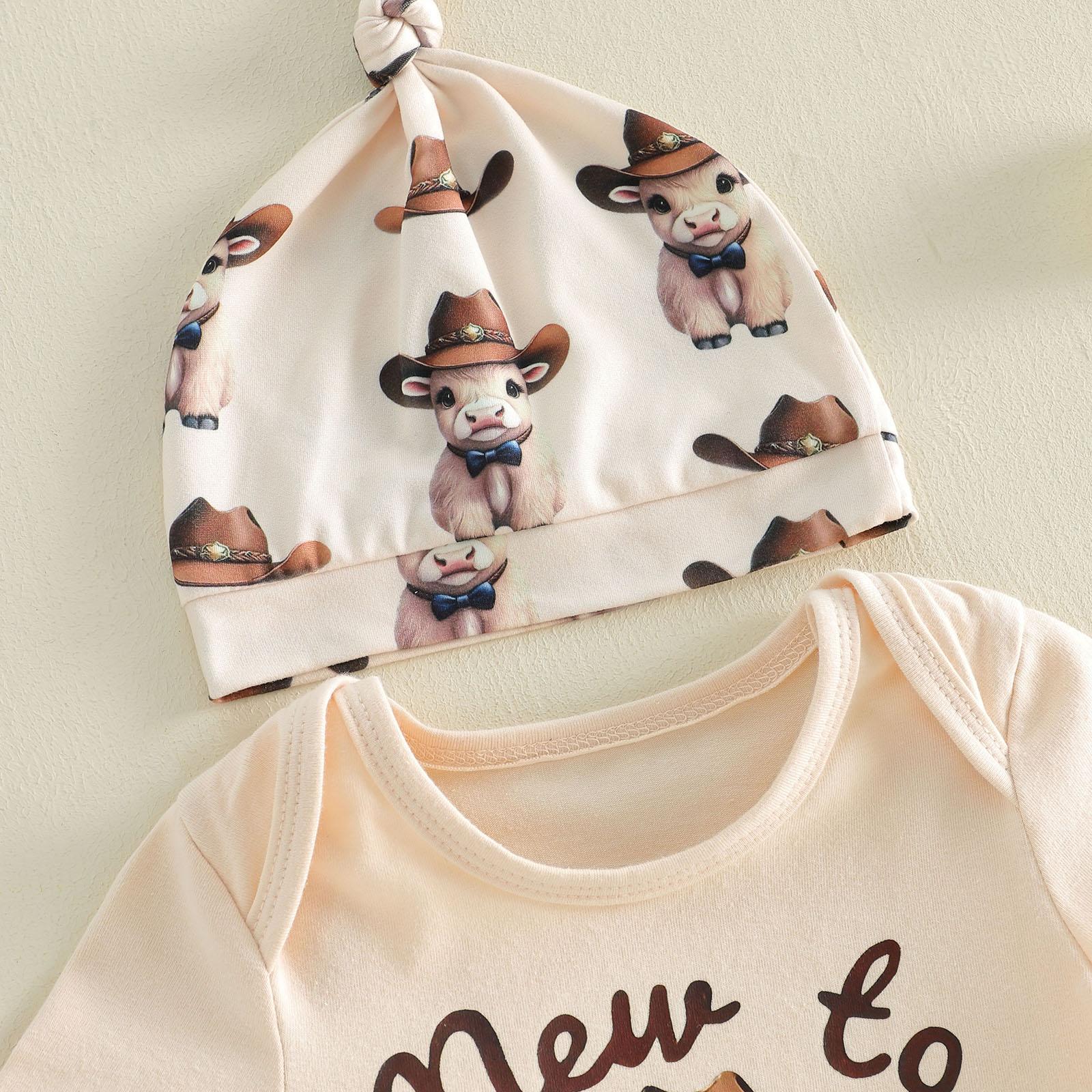 New to the Herd Baby Boy Cowboy Outfit Western Highland Cow Print Bodysuit Jogger Pants Hat Set Cute Newborn Coming Home Summer Clothes Announcement