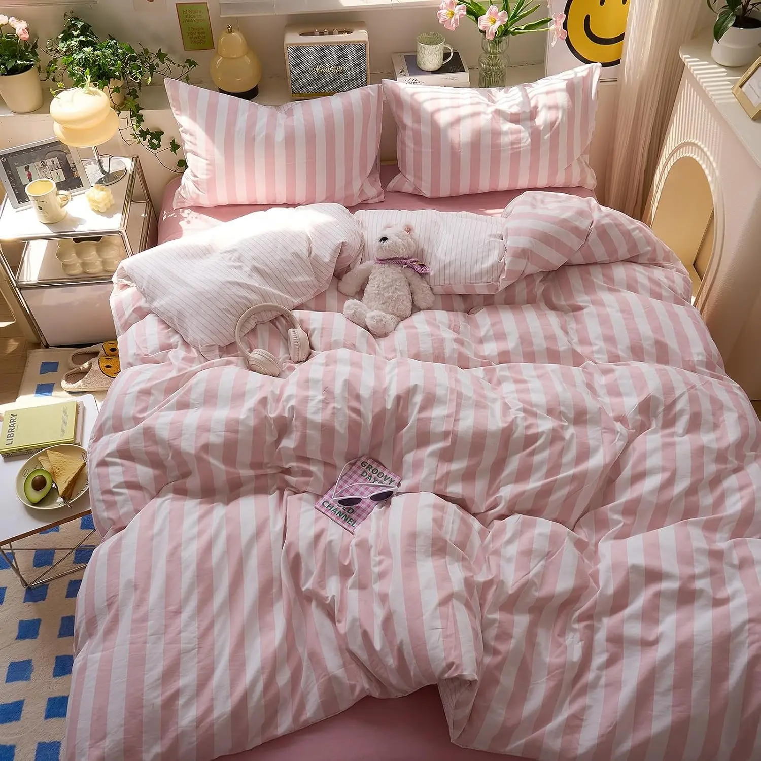 Peach Pink Striped Twin XL Duvet Covers Boho Patterned Twin XL Comforter Cover Farmhouse Aesthetic Preppy Cute Duvet Cover Set with Corner Ties Girls Bedding Washed Microfiber Duvet Protector