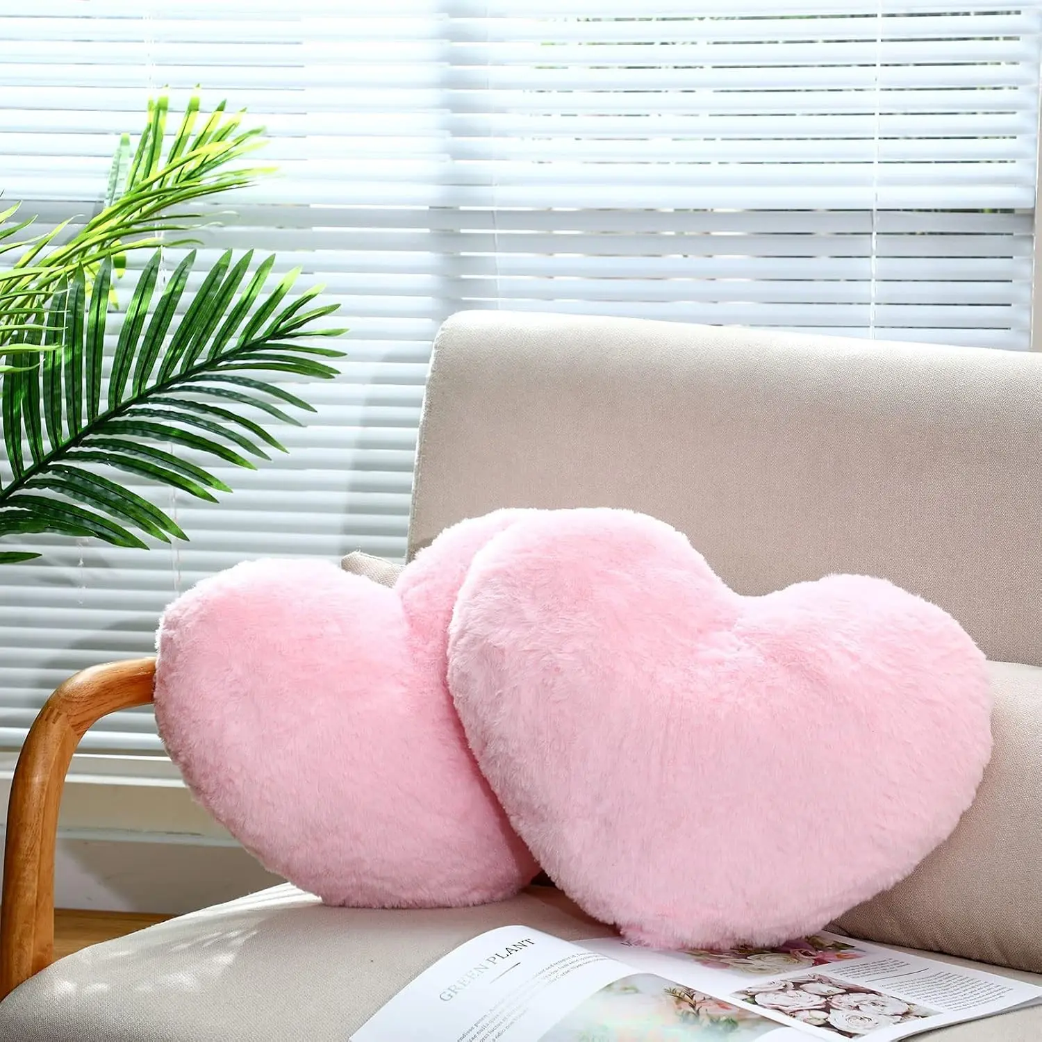 Remerry 2 Pcs Heart Shaped Pillow Fluffy Faux Rabbit Plush Cushion,Pink