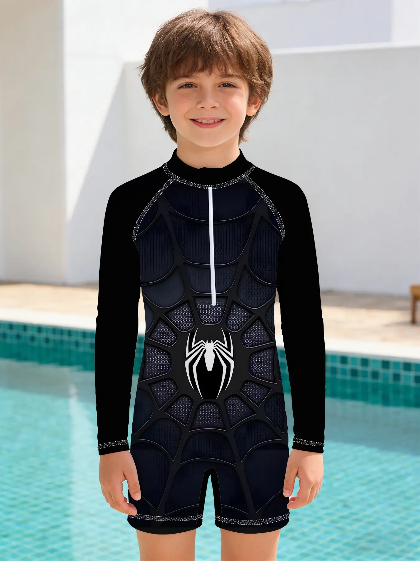 Boys' One-Piece Swimsuit "Spider Black Battle Suit Style" Cool spider print, patterned swimsuit, long-sleeve zippered sun-protective one-piece design, suitable for swimming in the pool, seaside vacations and water park outfits, Geometric Print Swimwear