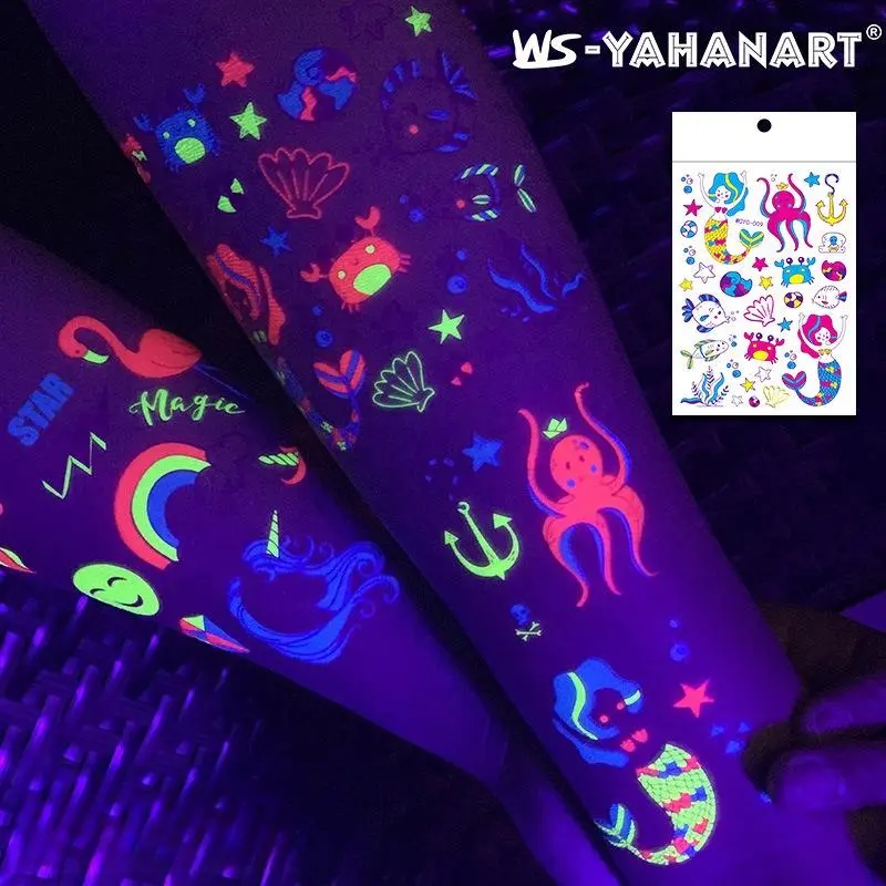 Kids Mermaid Unicorn Glow-in-the-Dark Temporary Tattoos - Ocean Animal Sticker Set for Children's Birthday Parties & Gifts, Including Octopus Design, Stickers