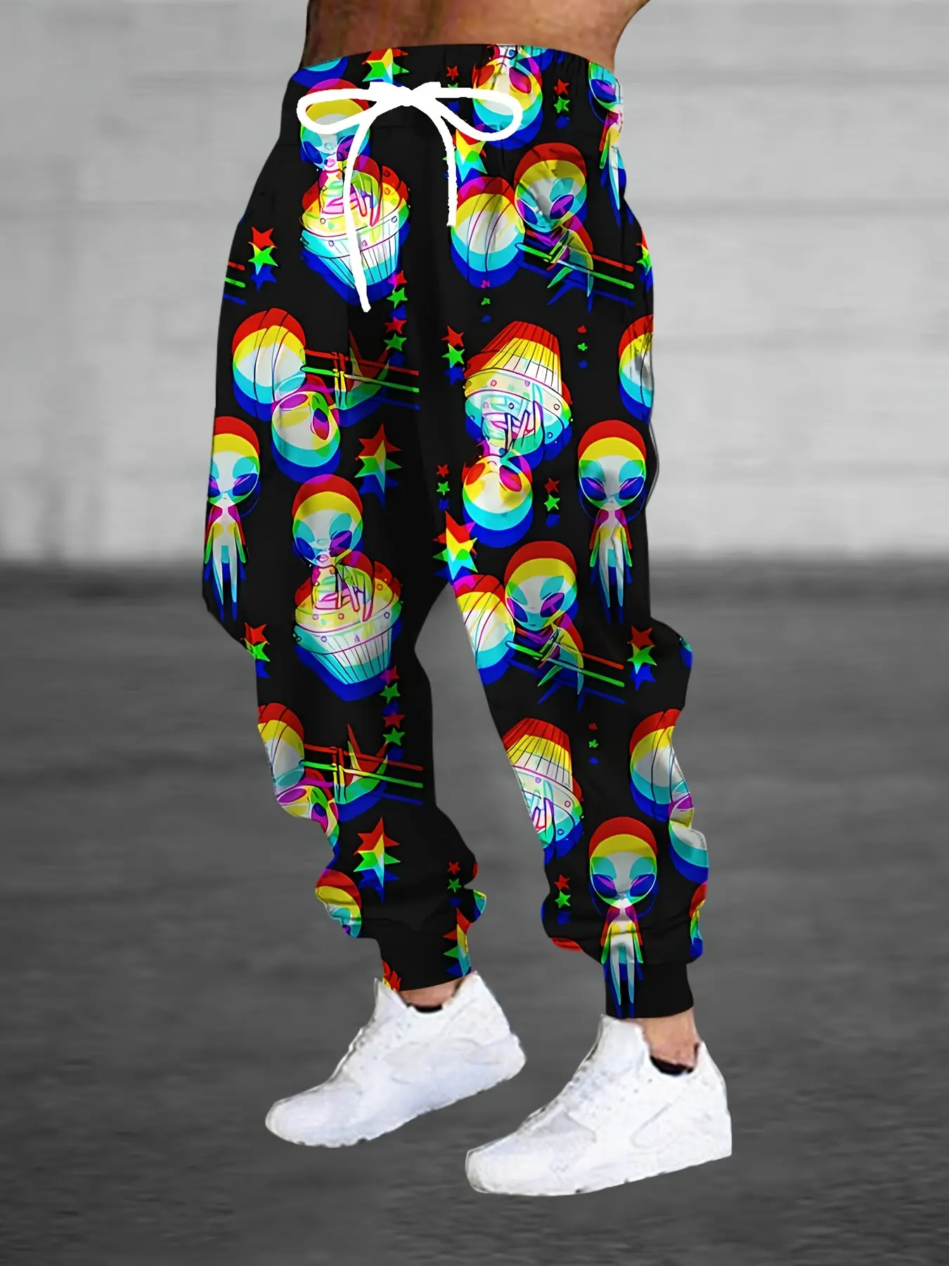 Fashionable Design Men'S 3D Vibrant Alien Pattern Print Athletic Pants With Drawstring And Pockets, Trendy Long Trousers For Home Sleepwear, Casual Comfortable