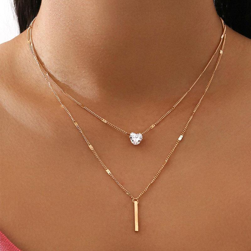 Gold Layered Heart CZ Pendant Necklace for Women, Dainty Double Chain Necklace Gold Layered Heart CZ Pendant Necklace for Women, Dainty Double Chain Necklace