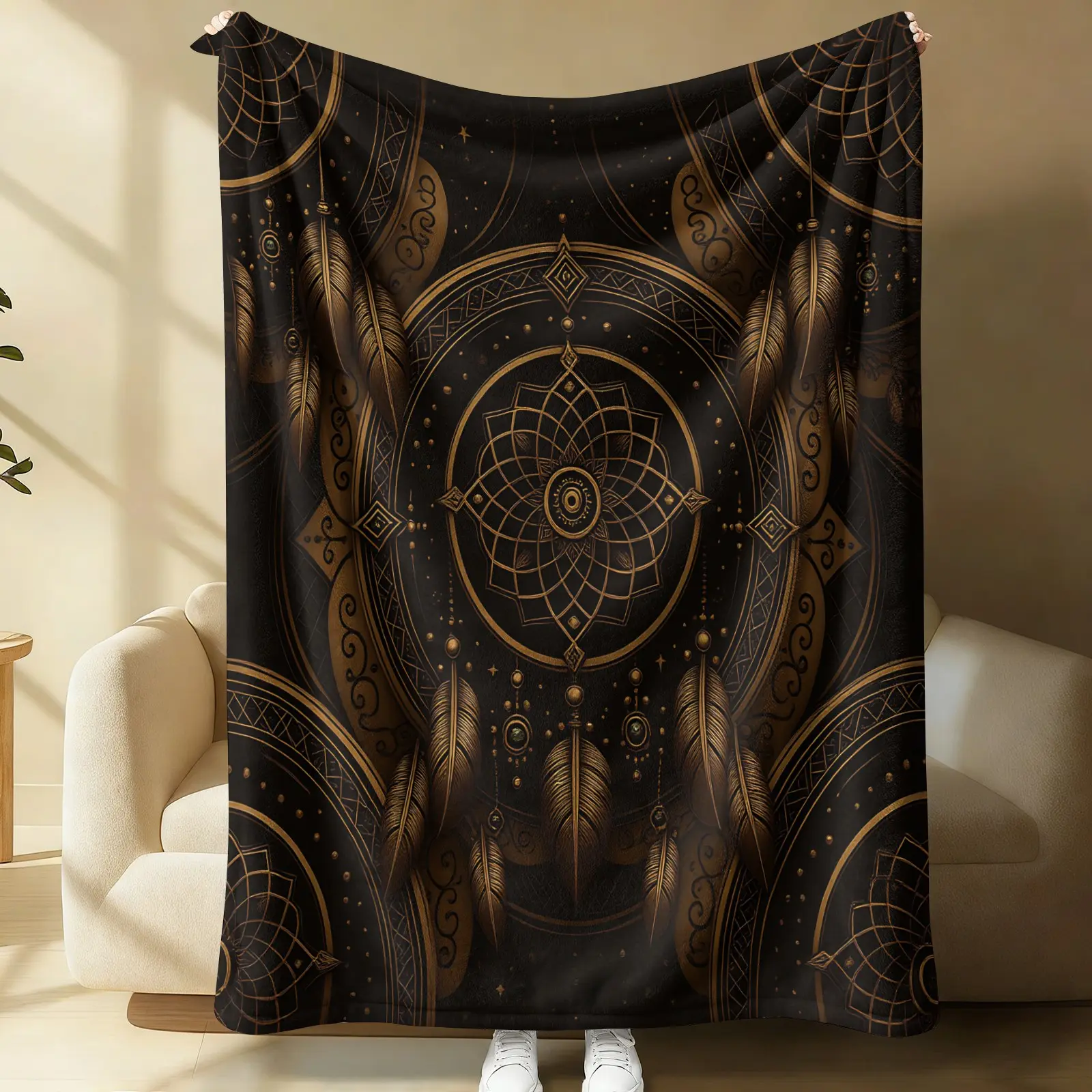 Boho Mystic Dreamcatcher Mandala Flannel Blanket, Black Gold Feather Star Plush Throw, Oversize Lightweight Multi-use Blanket for Nap, Spiritual Witchy Bedroom Decor Blanket