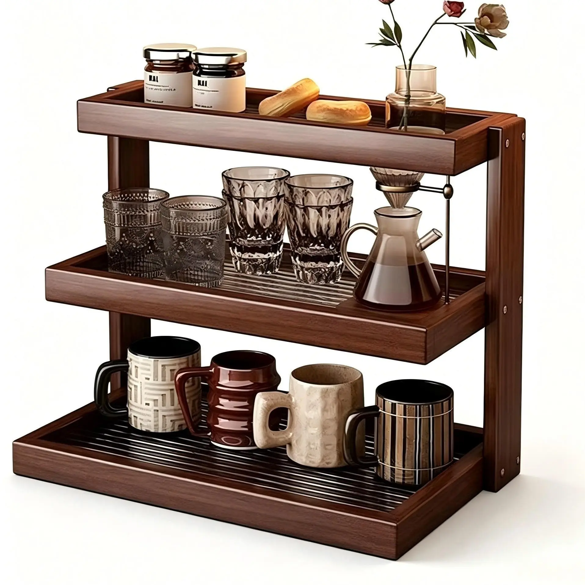 3-Tier Wooden Mug Rack, Countertop Coffee Cup Holder & Display Stand, Space-Saving Mug Organizer for Coffee Bar, Kitchen Cabinet & Home, Halloween & Christmas Decor