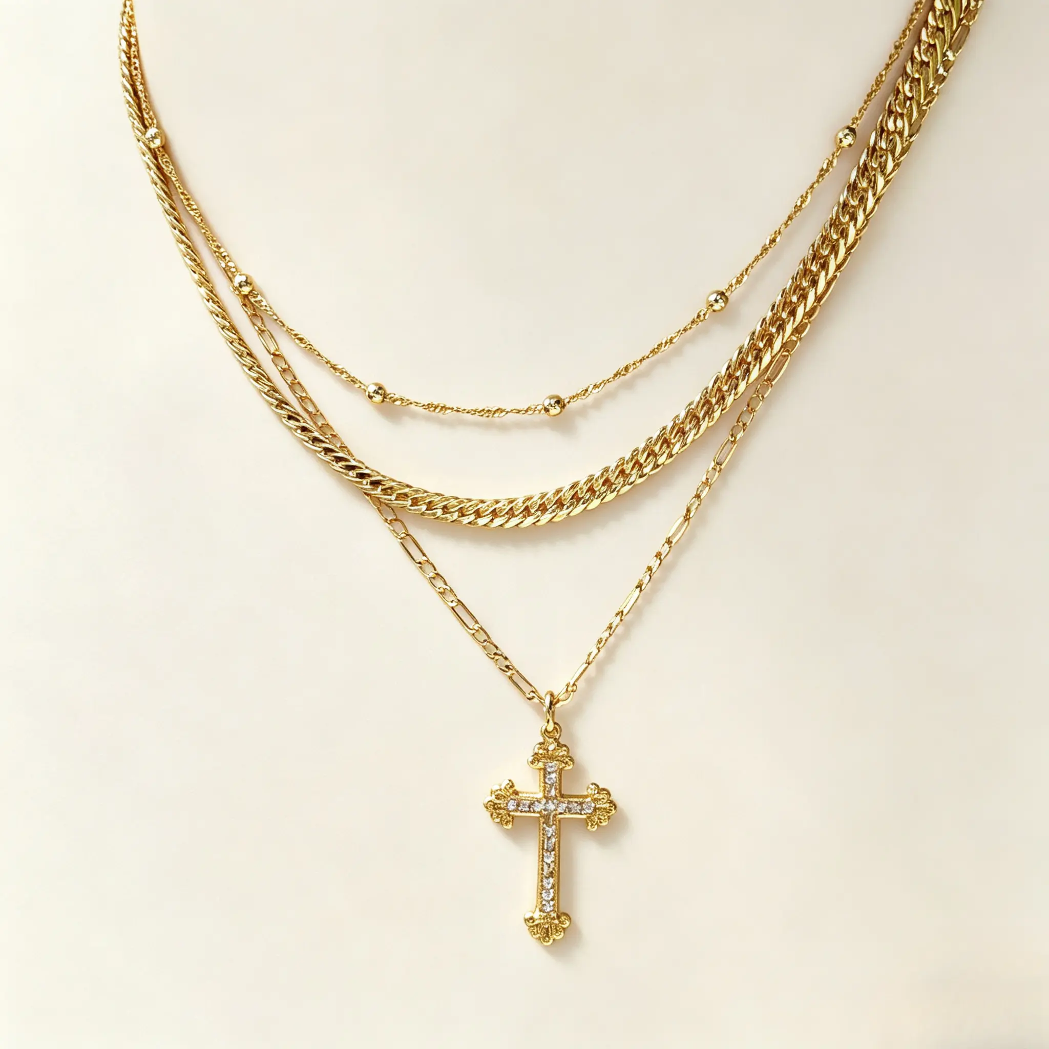 14K Gold Plated Layered Cross Necklace for Women, Stainless Steel Stackable Triple Chain Choker with Rhinestone Cross Pendant, Adjustable Dainty Vintage Faith Jewelry, Tarnish Resistant Lightweight Everyday Wear Necklace Gift for Her name plate sohochic