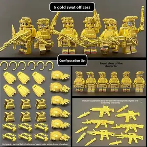 Golden Tone Heavy Gear Tactical Brick Minifigures, Compatible Universal Interlock Bricks With Full Tactical Decor Attachments, Educational DIY Assembly Collectible Character Display Set