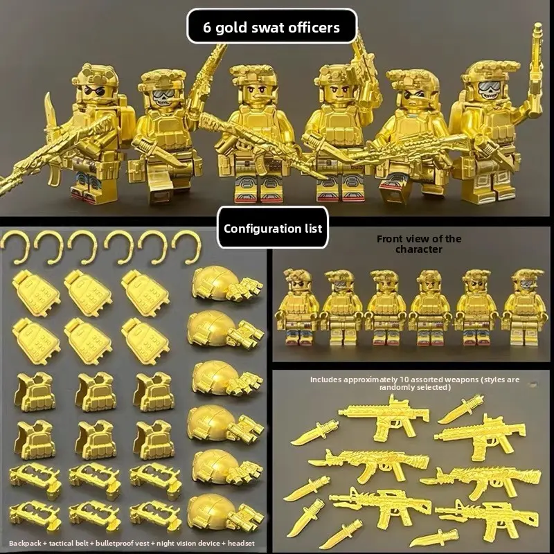 Golden Tone Heavy Gear Tactical Brick Minifigures, Compatible Universal Interlock Bricks With Full Tactical Decor Attachments, Educational DIY Assembly Collectible Character Display Set