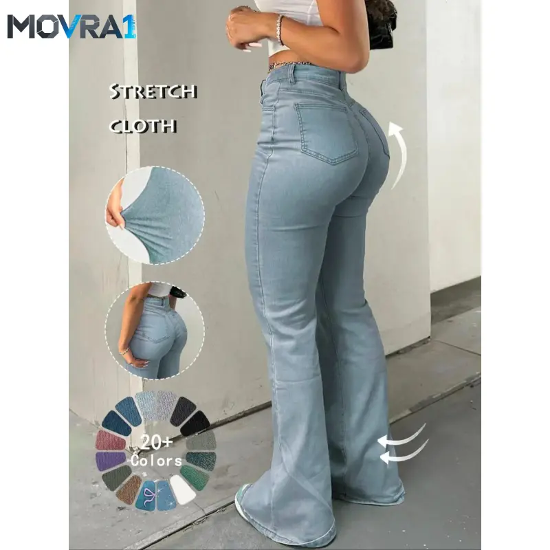 MOVRA1 Women's Light Wash Skinny Flare Pants Flared, Butt Lifting Slim Fit Jeans, Streetwear Comfortable Elastic-Waisted Long Pants All Seasons Bottom Woven Jeans