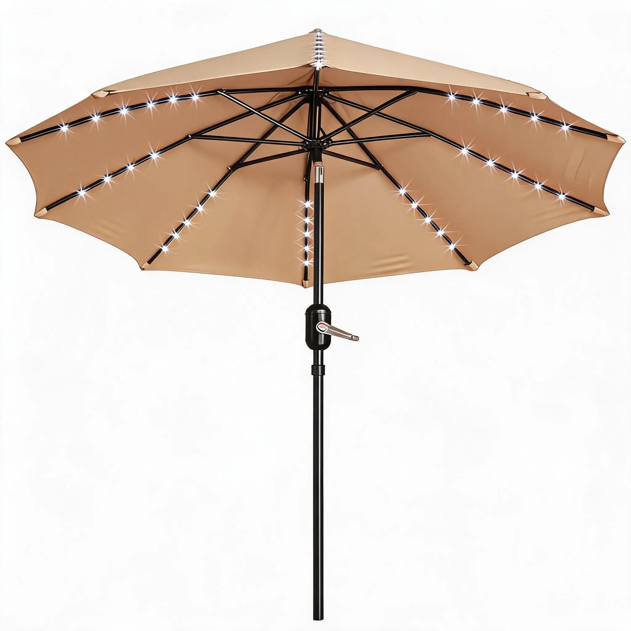 Garvee 10 ft Patio Umbrella with Solar Lights, 8 Ribs Outdoor Market Table Umbrella with 40 LED Lights & Tilt Crank for Pool, Deck, Backyard (Tan)