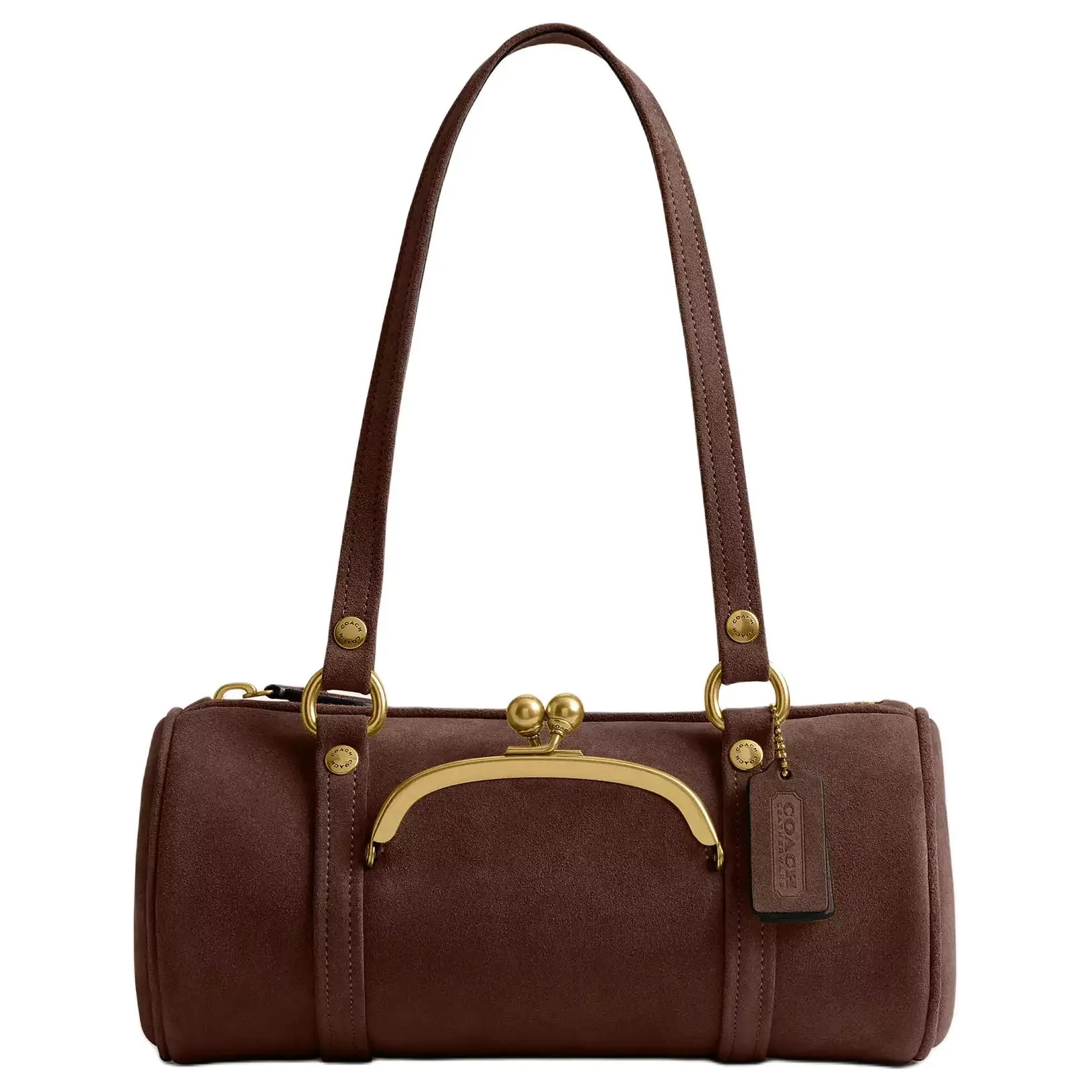 COACH Kisslock Barrel 28 Crossbody Handbag for Women – Brass and Dark Chocolate Suede
