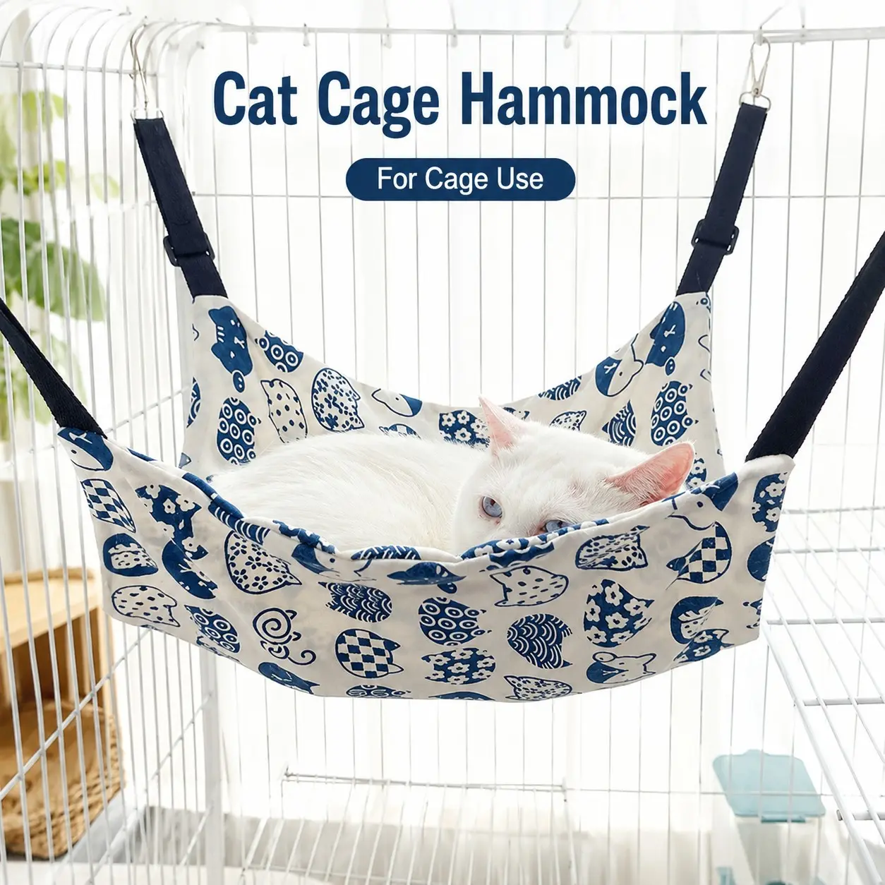 Adjustable Cat Hammock Bed, Durable Canvas Material, Blue- Pattern, Cute, Ideal for Small-Medium-Large Cats, Pet Resting Spot