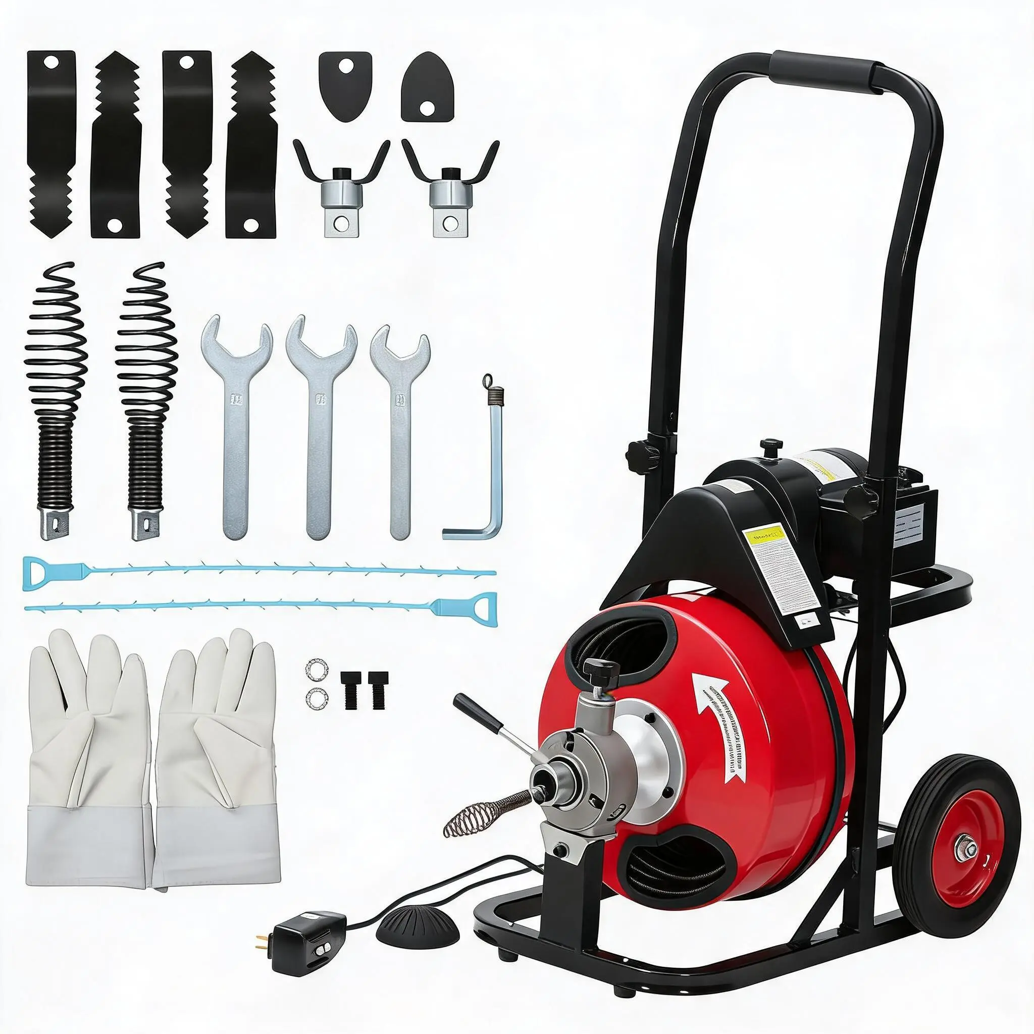 Heavy-Duty Electric Drain Cleaner Machine – 100FT x 3/8" Sewer Snake Auger with 8 Cutters, 370W Motor, Air-Activated Foot Switch, Professional Hydraulic Plumbing Tool for 1-4 Inch Pipes – Industrial & Commercial Use