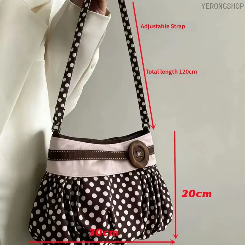 Vintage Polka Dot Underarm Bag, Pleated Soft Cloud Shaped Shoulder Bag Decorated with Wooden Buttons, Sweet Girl Style Daily Handbag for Women