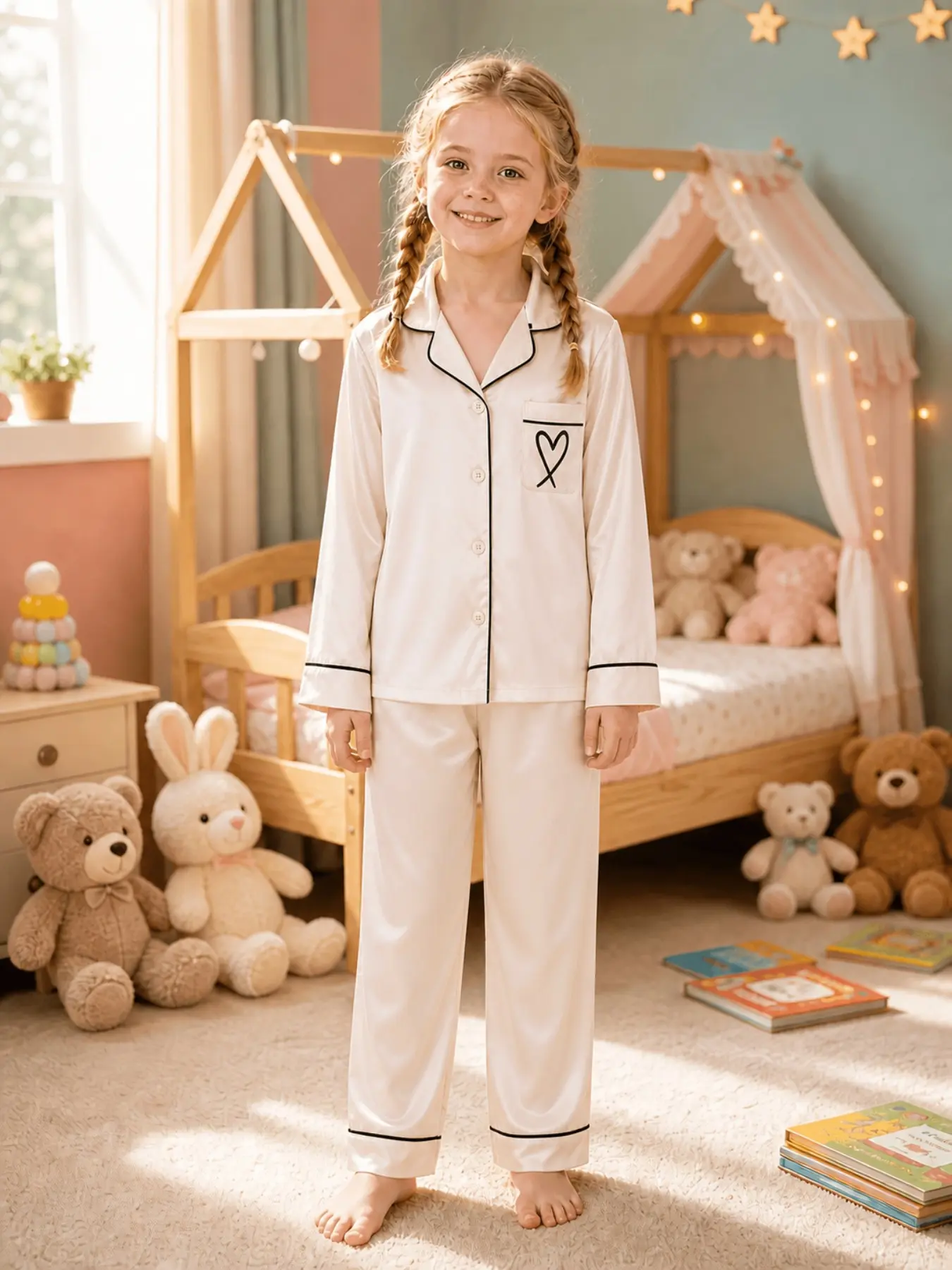 Girls' 2-Piece Pajama Set, Soft Heart Print Long Sleeve Top & Pants, Casual Loose-Fit Sleepwear for Fall & Winter, Casual Comfy Pyjama