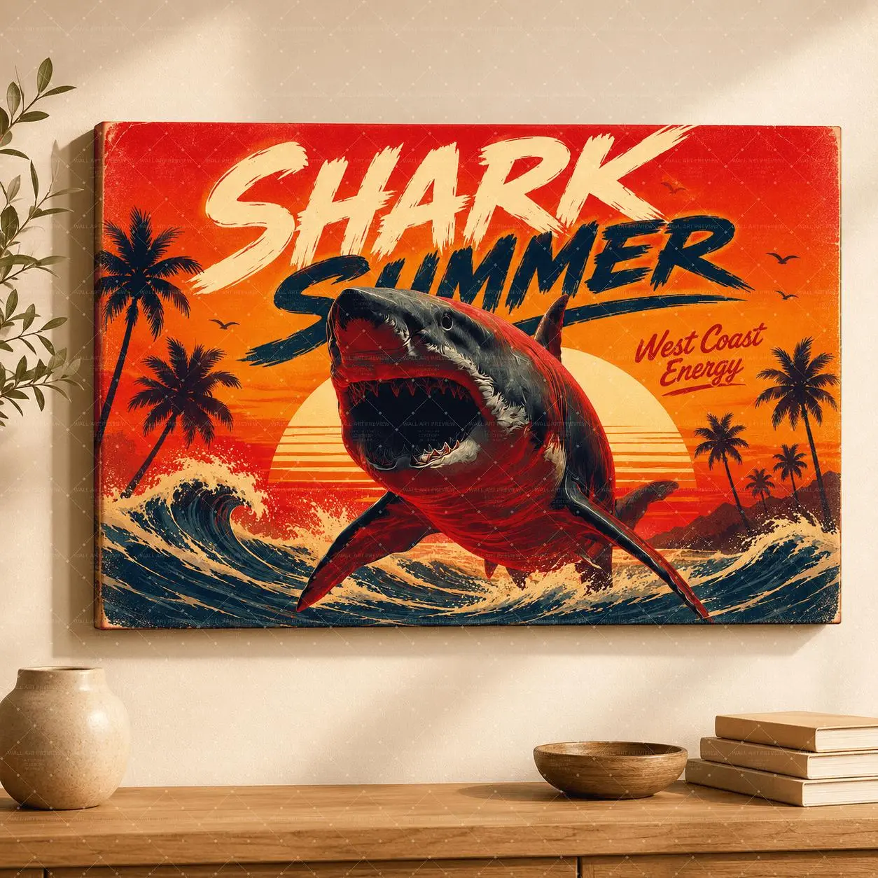 Shark Summer Canvas Wall Art, Tropical Beach Shark Poster, West Coast Ocean Surf Decor, Colorful Coastal Wall Art for Living Room Bedroom Office, Poster or Wrapped Canvas,wall decor,poster.